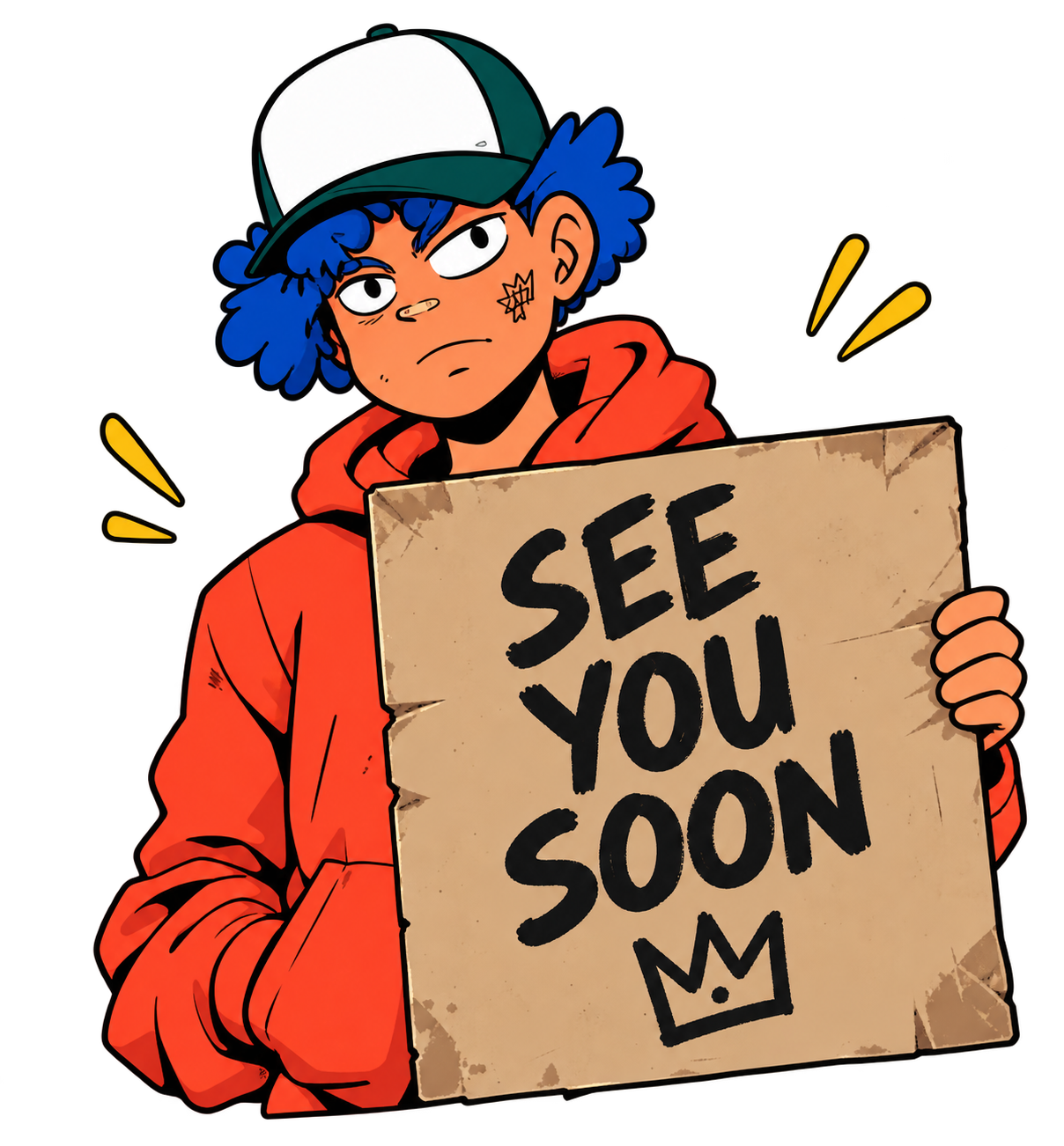 MAGA character holding a See You Soon sign